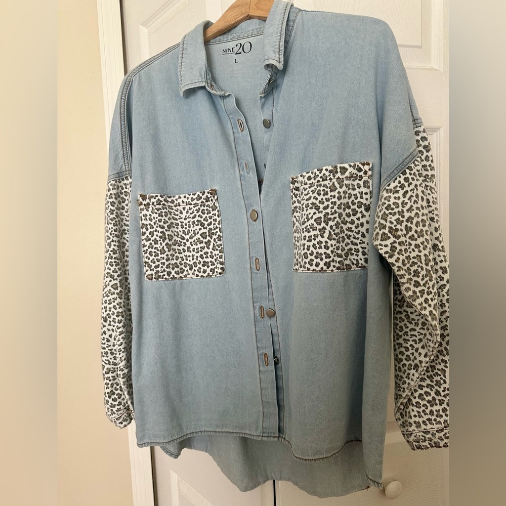 Nine 20 Light Blue boxy Denim Shirt/Jacket with Leopard Print Accents
